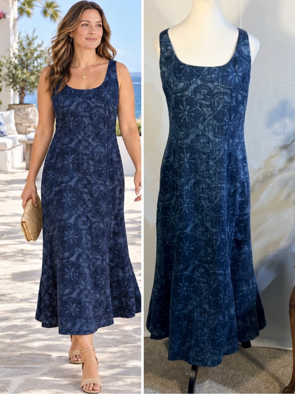 ☀️Lauren Ralph Lauren Linen Floral Flounce Hem
Midi Dress Blue Size 12🧡